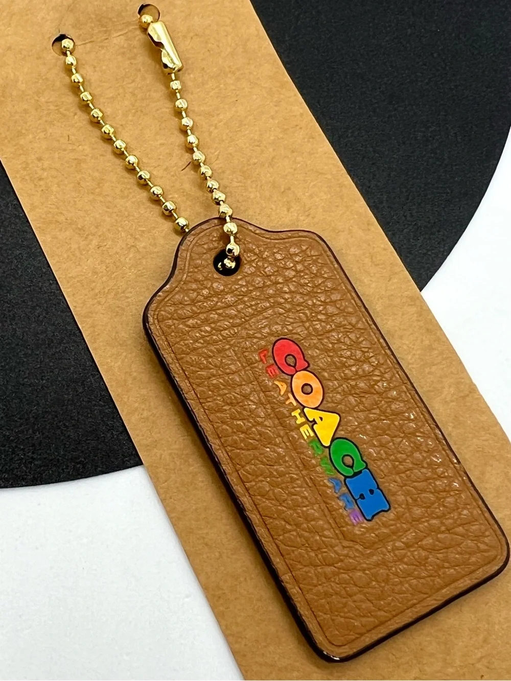 Coach Rainbow Pride Leatherware Hang Tag Bag Charm Saddle Brown Gold EUC